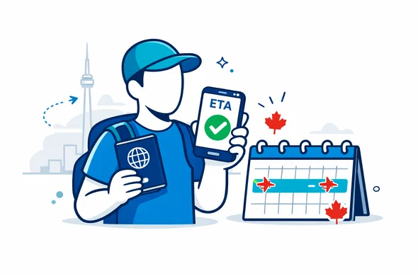 Flat or semi-flat vector illustration, clean lines, modern tech feel, slight isometric perspective. A faceless abstract traveler holds a passport in one hand and a smartphone in the other showing an approved eTA screen with a clear checkmark and the word ETA. Next to them, a neat calendar page highlights a validity window with small airplane icons. Primary palette deep blue and turquoise (Aid-Air brand). Canada accent color red used for highlights and small maple-leaf motifs. Minimal white/grey background with a faint outline silhouette of the CN Tower or Parliament Hill. Calm, organized, safe atmosphere. No photorealism, no detailed facial features, simple geometric shapes.