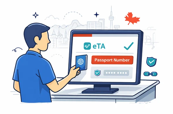 Flat semi-flat vector illustration with clean modern lines and a subtle isometric angle. Airport check-in scene: an abstract faceless traveler presents a passport; a digital screen shows an eTA status verification matched to the passport number, with a green checkmark. Include small icons for security (shield) and data linkage (chain link). Primary deep blue and turquoise palette with Canada accent red for key UI elements. Minimal light grey background with a faint outline silhouette of Toronto skyline or Vancouver mountains and a subtle maple leaf. Calm organized safe atmosphere, no photorealism, no detailed faces, no logos.
