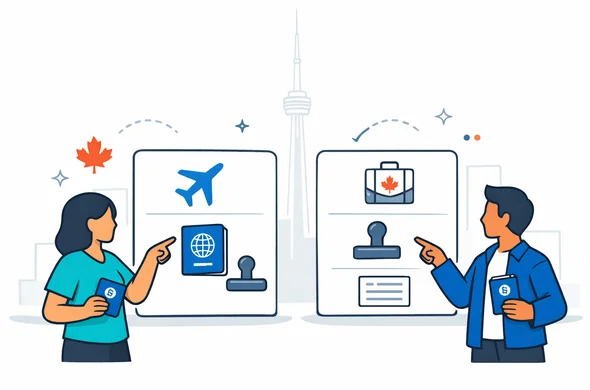 Flat or semi-flat vector illustration, clean lines, modern tech aesthetic, isometric layout. On a minimalist white and light grey background, include a very faint outline silhouette of the CN Tower. In the foreground, show two large UI-style cards side by side: one labeled eTA and one labeled Visitor Visa, with simple icons like an airplane, passport, and stamp. Add abstract faceless characters with neutral skin tones, calmly pointing at the correct card while holding a passport and a smartphone. Use deep blue and turquoise as primary colors, with a maple red accent for highlights and small details. Atmosphere calm, organized, safe, efficient. Not photorealistic.