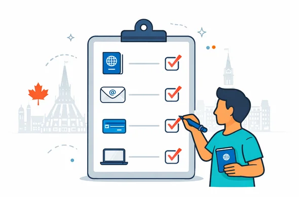 Semi-flat 2D vector illustration with clean lines and a modern tech feel. A large clipboard checklist in the center with clear icons for passport, email, credit card, and laptop, each with a checkmark. An abstract faceless neutral character calmly ticks the checklist with a pen. Primary colors deep blue and turquoise, with maple red accent for checkmarks and small highlights. Minimal white and light grey background with a faint silhouette of the Canadian Parliament buildings. Organized, friendly, reassuring. Not photorealistic.