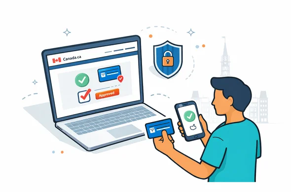 Isometric flat vector illustration, clean lines, modern tech vibe. A laptop screen shows a simplified official canada.ca header and an online payment confirmation screen, with a shield and lock icon nearby. An abstract faceless neutral character holds a credit card in one hand and a smartphone in the other with a verification icon. Primary colors deep blue and turquoise, maple red accent for key highlights. Minimal white and light grey background with a faint CN Tower outline. Atmosphere calm, secure, trustworthy, efficient. Not photorealistic.
