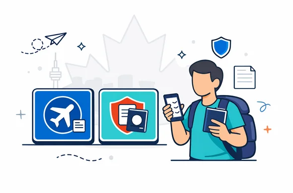 Flat or semi-flat vector illustration, clean lines, modern tech feel, slightly isometric. Scene: an abstract faceless traveler holding a passport and a smartphone with a simplified checklist UI (no readable text), next to two large icon tiles representing eTA and Visitor Visa. Include subtle symbols: airplane, shield, document icons. Background minimalist white/very light grey with a faint outline silhouette of the CN Tower or Parliament Hill and a subtle maple leaf shape. Color palette: Aid-Air deep blue and turquoise as primary, Canada accent red. Calm, organized, secure atmosphere. No photorealism, no detailed faces, neutral skin tones, no real logos, no readable text.
