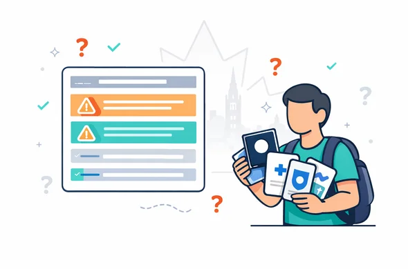 Semi-flat vector illustration, clean lines, modern tech UI aesthetic. Scene: a large floating form panel with highlighted sections and friendly warning icons (no readable text), an abstract faceless character holding documents (passport, medical paper, police certificate icons). Include checkmarks and question marks as simple symbols. Background minimal white/grey with a faint outline of Parliament Hill and a subtle maple leaf silhouette. Aid-Air deep blue and turquoise palette, Canada accent red. Calm, organized, safe mood. No photorealism, no real logos, no readable text.