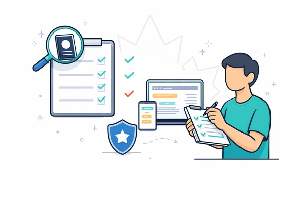 Flat vector illustration with clean lines, modern tech feel, slightly isometric. Scene: an abstract faceless character doing a final review: a large checklist board with checkmarks (no readable text), a magnifying glass over a passport icon, a shield/security icon, and a laptop/phone showing a simplified application summary UI. Background minimalist white/grey with a faint maple leaf silhouette. Aid-Air deep blue and turquoise palette with Canada accent red. Calm, efficient, safe atmosphere. No photorealism, no real logos, no readable text.