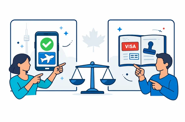Flat 2D vector illustration, clean lines, modern tech feel, NOT photorealistic. Split-screen comparison of Canada entry documents: left panel shows a smartphone with a digital authorization badge (checkmark + airplane icon) representing Canada eTA; right panel shows a passport with a simple visa sticker and a stamp icon representing a Visitor Visa. Add a minimal balance scale icon between the panels to signal a fair comparison. Primary palette deep blue and turquoise (Aid-Air brand), Canada accent red and white. Faceless abstract characters with neutral skin tones pointing calmly to each panel. Minimal white/soft-gray background with a faint outline silhouette of the CN Tower and a subtle maple leaf. Calm, organized, safe atmosphere, no logos, no readable text, no flags with detailed crests.