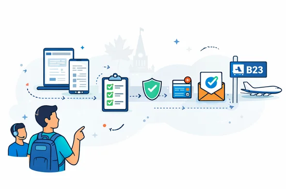 Semi-flat vector illustration with clean lines, modern tech UI vibe, slight isometric perspective, NOT photorealistic. Show a step-by-step roadmap for a Canada eTA application after the traveler fills details via a guided service: icons arranged left-to-right: laptop/phone form screen (no readable text, subtle Hebrew-like placeholders), checklist, shield verification, payment card, email inbox with confirmation and approval checkmark, then an airplane boarding gate icon at the end. Include one faceless traveler and a small support helper character, both abstract and neutral. Primary palette deep blue and turquoise (Aid-Air brand), Canada accent red and white. Minimal white/soft-gray background with a faint outline of Ottawa Parliament Hill and a light maple leaf silhouette. Calm, efficient, trustworthy mood, no logos, no readable text.