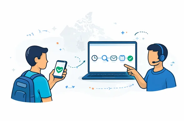 Semi-flat vector illustration, modern tech style, slight isometric perspective, NOT photorealistic. A faceless traveler calmly checks email on a smartphone while a laptop shows a simple status timeline UI with icon-only steps (clock, magnifier, envelope, document upload, checkmark). A friendly faceless support agent points to the next step, emphasizing clarity and reduced anxiety. Primary deep blue and turquoise palette with Canada accent red and white. Minimal white/soft-gray background with a faint outline map of Canada and a subtle maple leaf silhouette. Clean lines, calm organized atmosphere, no logos, no readable text.