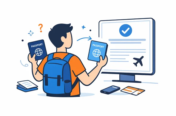 Flat semi-flat vector illustration, faceless abstract traveler comparing old and new passports next to a digital travel approval, calm organized atmosphere, minimal background, Aid-Air palette, clean modern tech feel