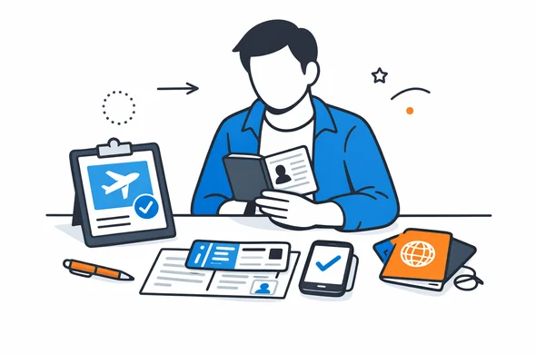 Flat vector illustration, faceless abstract traveler checking passport, digital travel authorization and travel documents on a desk, calm organized atmosphere, minimal background, Aid-Air palette, clean modern tech feel