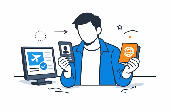 Flat vector illustration, faceless abstract traveler comparing old passport and new passport with travel approval details on screen, calm organized atmosphere, minimal background, Aid-Air palette, clean modern tech feel