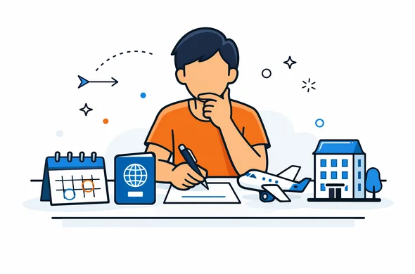 Flat vector illustration of a traveler planning a Canada entry process with calendar passport flight and hotel icons on a desk, clean modern tech feel, faceless abstract characters, calm organized atmosphere, minimal background, Aid-Air palette