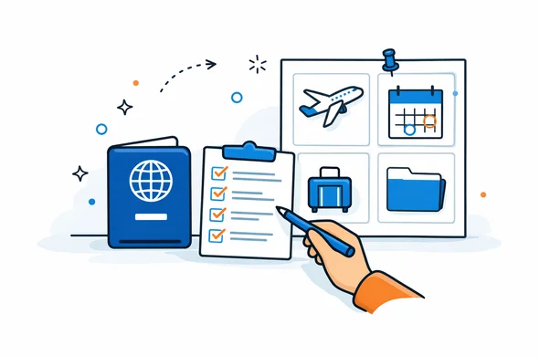 Flat vector illustration of a passport checklist and travel planning board for Canada entry preparation, clean modern tech feel, faceless abstract characters, calm organized atmosphere, minimal background, Aid-Air palette