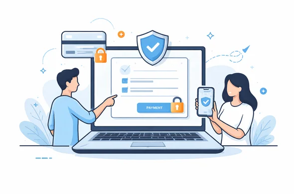Flat vector illustration of a secure online travel authorization payment flow on laptop and phone, abstract faceless characters, calm organized atmosphere, clean modern tech feel, minimal background, Aid-Air palette.