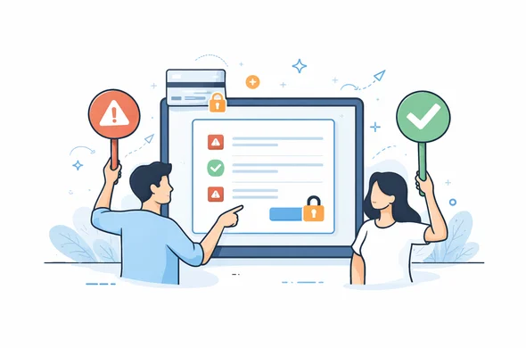 Flat vector illustration of a calm online payment warning checklist on screen, abstract faceless characters reviewing red and green signs, clean modern tech feel, minimal background, Aid-Air palette.