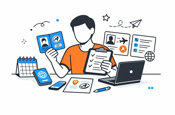 Flat/semi-flat vector illustration, clean modern tech feel, faceless abstract character reviewing travel documents and international entry history on a desk, calm organized atmosphere, minimal background, Aid-Air palette