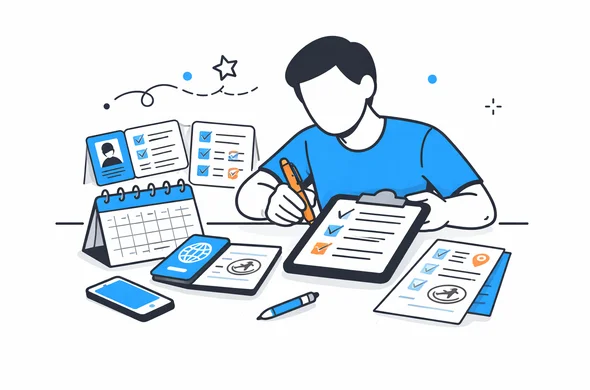 Flat/semi-flat vector illustration, clean modern tech feel, faceless abstract character organizing a checklist with dates, passport pages, and travel records before an online application, calm organized atmosphere, minimal background, Aid-Air palette