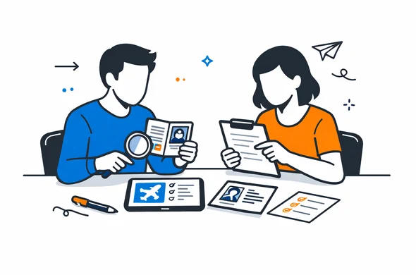 flat semi-flat vector illustration, clean modern tech feel, faceless abstract characters reviewing travel documents on a desk, calm organized atmosphere, minimal background, Aid-Air palette
