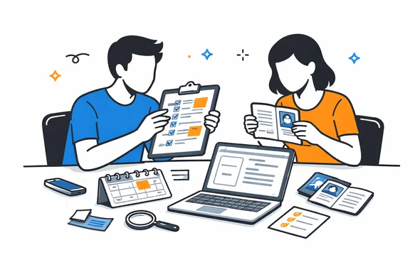 flat semi-flat vector illustration, clean modern tech feel, faceless abstract characters organizing timeline notes and passport details before online visa form submission, calm organized atmosphere, minimal background, Aid-Air palette