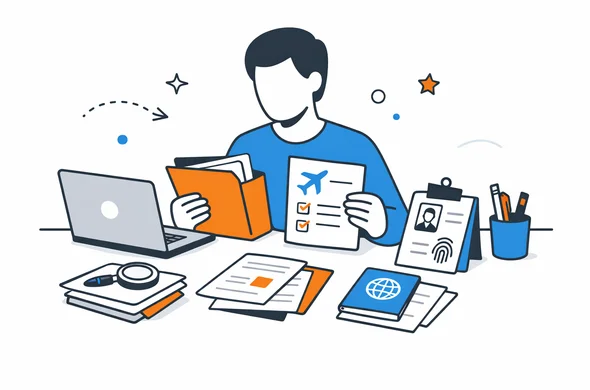 Flat semi-flat vector illustration, faceless abstract person organizing Canada travel authorization documents on a desk, calm organized atmosphere, minimal background, Aid-Air palette, clean modern tech feel
