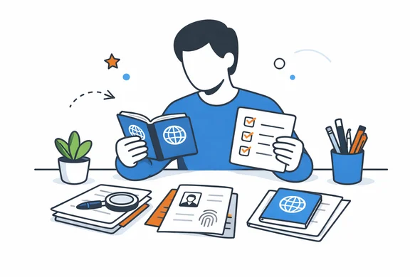 Flat semi-flat vector illustration, faceless abstract character comparing passport, notes and official-looking papers, calm organized atmosphere, minimal background, Aid-Air palette, clean modern tech feel