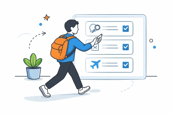 Flat semi-flat vector illustration, faceless abstract traveler moving through clear decision steps on a screen, calm organized atmosphere, minimal background, Aid-Air palette, clean modern tech feel