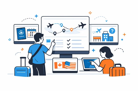 Flat/semi-flat vector illustration of abstract travelers reviewing a complex multi-leg Canada itinerary on digital screens, calm organized atmosphere, minimal background, Aid-Air palette, modern tech feel