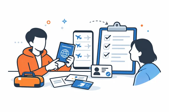 Semi-flat vector illustration of a traveler checking flight segments, passport details and travel documents before a Canada adventure trip, abstract faceless characters, minimal clean tech feel, Aid-Air palette