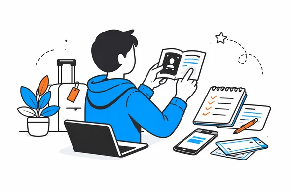 Flat/semi-flat vector illustration, clean modern tech feel, faceless abstract character checking passport, travel details, and trip notes before a return trip, calm organized atmosphere, minimal background, Aid-Air palette, no text