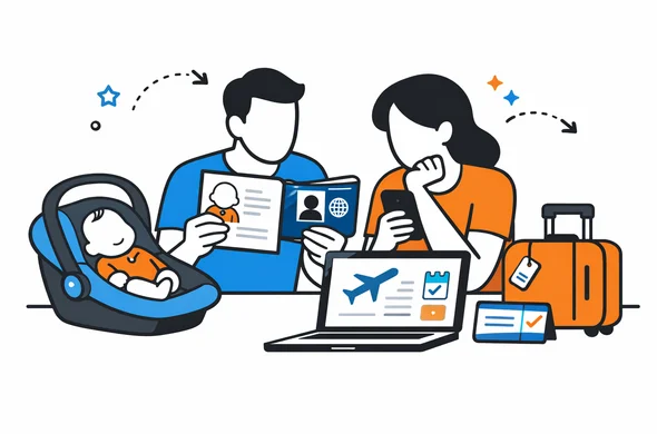 Flat semi-flat vector illustration of parents reviewing travel booking and newborn passport details, faceless abstract characters, calm organized atmosphere, minimal background, Aid-Air palette