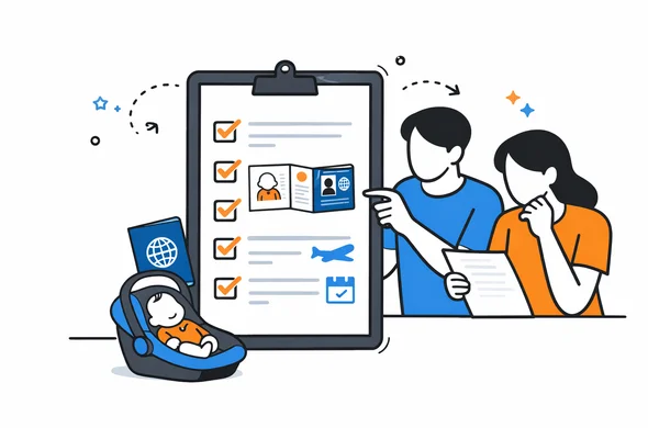 Flat semi-flat vector illustration of a structured checklist for newborn travel authorization and passport alignment, faceless abstract characters, clean modern tech feel, minimal background, Aid-Air palette
