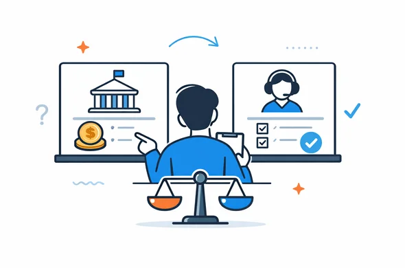 Flat/semi-flat vector illustration, clean modern tech feel, faceless abstract character comparing official government fee versus private support service on simple screens, calm organized atmosphere, minimal background, Aid-Air palette