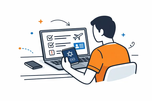 Flat semi-flat vector illustration, faceless traveler with Israeli passport reviewing Canada travel authorization checklist on laptop, calm organized atmosphere, minimal background, Aid-Air palette, clean modern tech feel