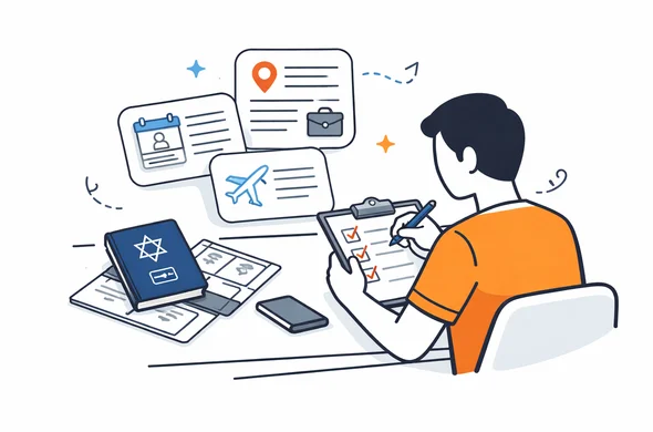 Flat semi-flat vector illustration, faceless traveler organizing passport, itinerary, address details and work details for online travel authorization, calm organized atmosphere, minimal background, Aid-Air palette, clean modern tech feel