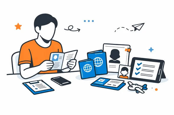Flat semi-flat vector illustration, faceless parent organizing passports and travel documents for children before a Canada eTA process, calm organized atmosphere, minimal background, Aid-Air palette, clean modern tech feel