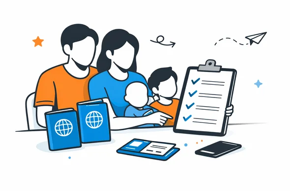 Flat semi-flat vector illustration, faceless family reviewing a checklist and passports before Canada eTA submission, calm organized atmosphere, minimal background, Aid-Air palette, clean modern tech feel