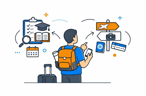 Flat vector illustration, faceless abstract traveler comparing Canada trip purpose and entry path options, calm organized atmosphere, minimal background, Aid-Air palette, clean modern tech feel