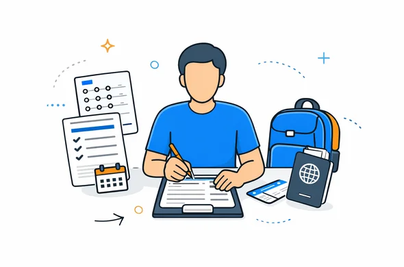 Flat vector illustration, faceless abstract traveler organizing passport, registration papers and schedule for a short study trip to Canada, minimal background, calm organized atmosphere, Aid-Air palette