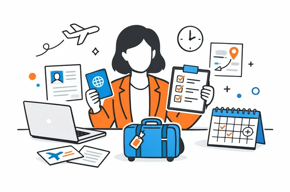 Flat/semi-flat vector illustration, clean modern tech feel, faceless abstract character organizing a business trip to Canada with documents, calendar, and travel checklist, calm organized atmosphere, minimal background, Aid-Air palette