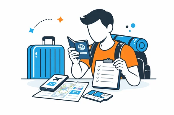 Flat vector illustration, faceless traveler reviewing passport, itinerary and checklist before Canada trip, organized digital planning scene, minimal background, Aid-Air palette, clean modern tech feel