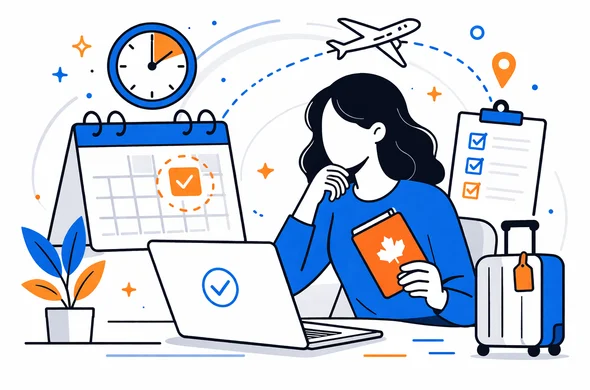 Flat semi-flat vector illustration, faceless abstract traveler planning Canada eTA timing before a flight, calm organized atmosphere, minimal background, clean modern tech feel, Aid-Air palette, lots of white space