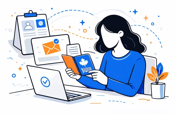 Flat semi-flat vector illustration, abstract faceless character checking passport details and email before submitting Canada eTA, calm organized workspace, minimal background, clean modern tech style, Aid-Air palette