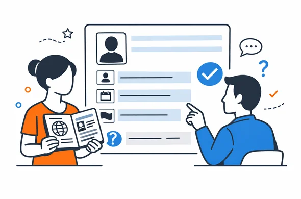 Flat vector illustration, clean modern tech feel, faceless abstract characters reviewing passport and personal details on a digital form, calm organized atmosphere, minimal background, Aid-Air palette