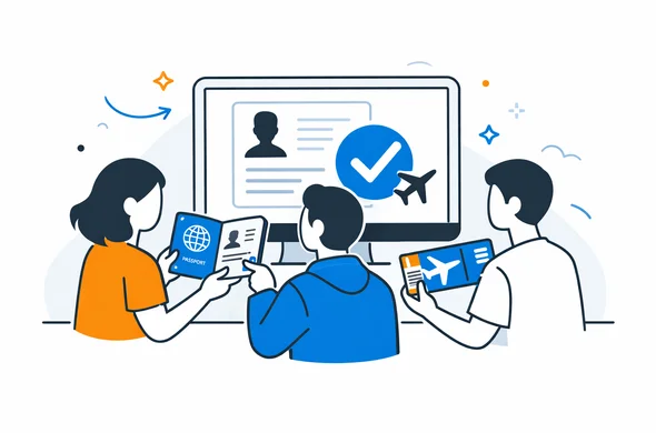 Flat semi-flat vector illustration, clean modern tech feel, faceless abstract characters reviewing passport, ticket, and travel approval on a screen, calm organized atmosphere, minimal background, Aid-Air palette.