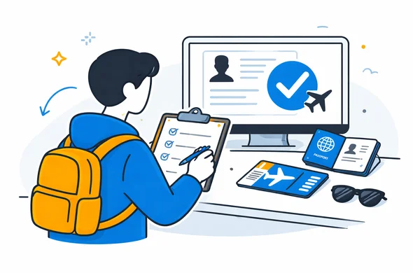 Flat semi-flat vector illustration, clean modern tech feel, faceless abstract traveler using a checklist before a Canada trip, passport and digital approval on screen, calm organized atmosphere, minimal background, Aid-Air palette.