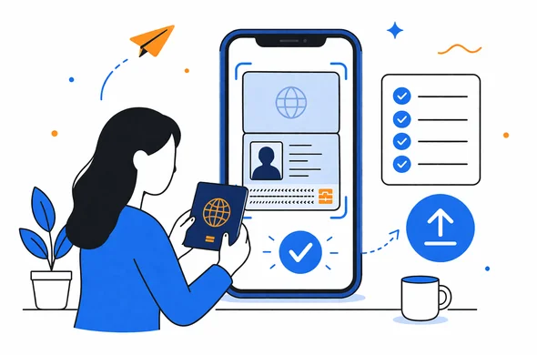 Flat vector illustration of a passport document being checked before upload on a mobile device, calm organized workspace, faceless abstract characters, minimal background, clean modern tech feel, Aid-Air palette