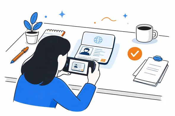 Semi-flat vector illustration of photographing a passport page with even lighting on a clean desk, faceless abstract characters, calm organized atmosphere, minimal background, modern tech feel, Aid-Air palette