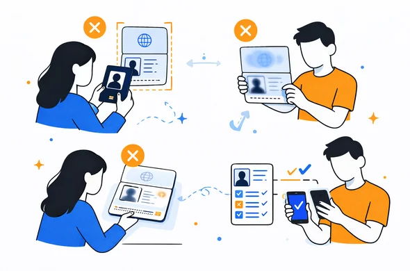 Flat vector infographic style illustration showing passport upload mistakes such as crop, blur, glare and mismatch checks, faceless abstract characters, minimal background, calm organized tech aesthetic, Aid-Air palette