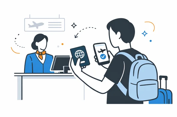 Flat vector illustration of an airport check-in desk with a traveler comparing passport and ETA approval on phone, calm organized atmosphere, faceless abstract characters, clean modern tech feel, minimal background, Aid-Air palette