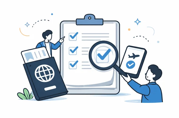 Checklist style vector illustration with passport, boarding pass, confirmation email and magnifying glass, faceless abstract characters, calm organized atmosphere, clean modern tech feel, minimal background, Aid-Air palette