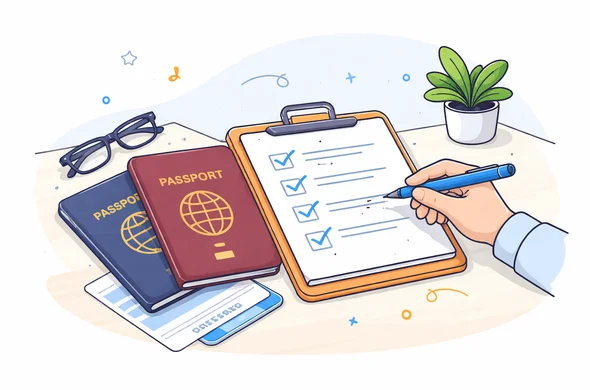 Flat semi-flat vector illustration of two passports on a desk with a travel checklist, clean modern tech feel, faceless abstract characters, calm organized atmosphere, minimal background, Aid-Air palette